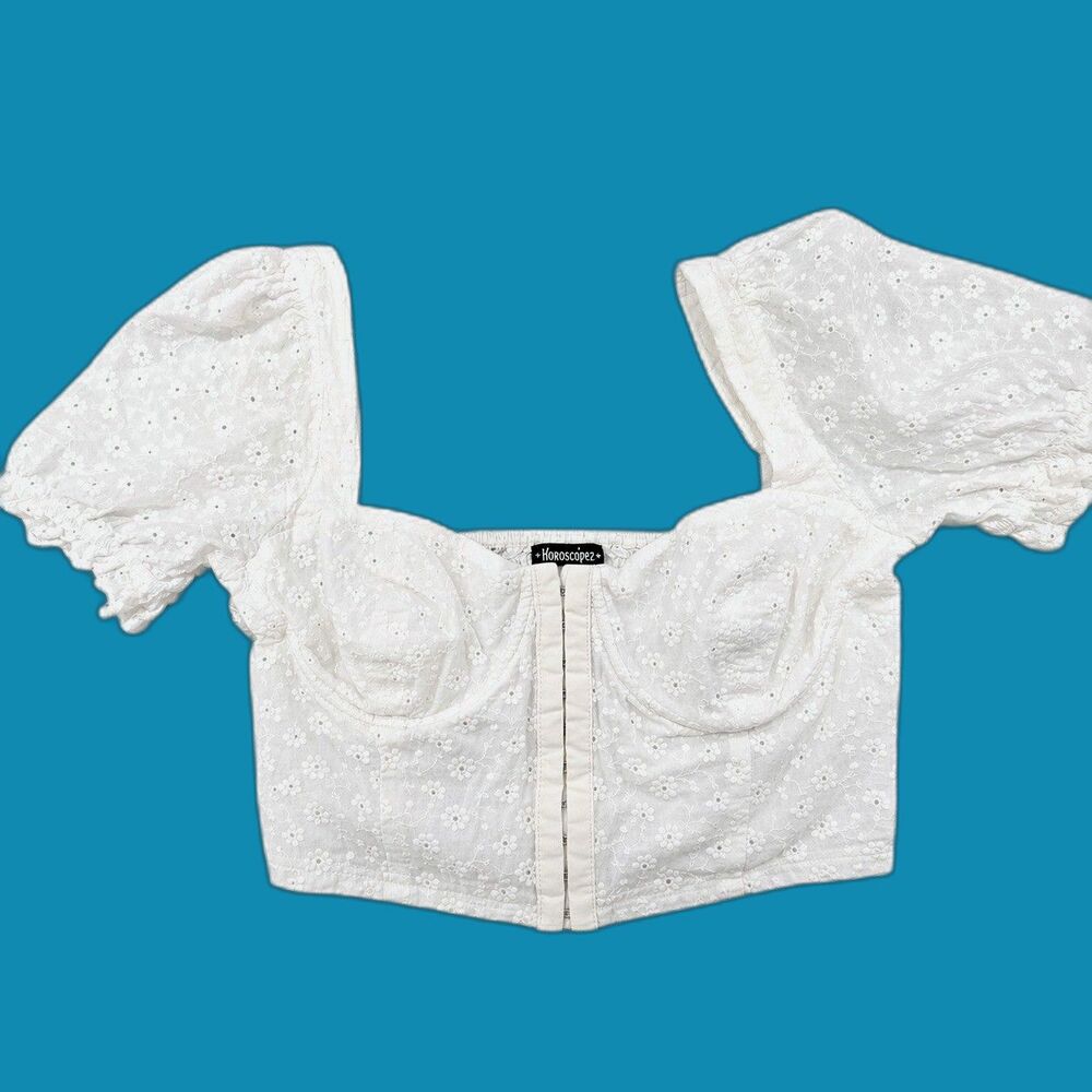 Corset Crop Top Horoscopez Dolls Kill White Eyelet Puff Sleeve Coquette S